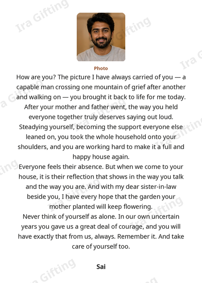 Cousin to Cousin letter frame in English, shown with an example photo and name