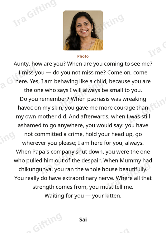 Niece to Aunt letter frame in English, shown with an example photo and name