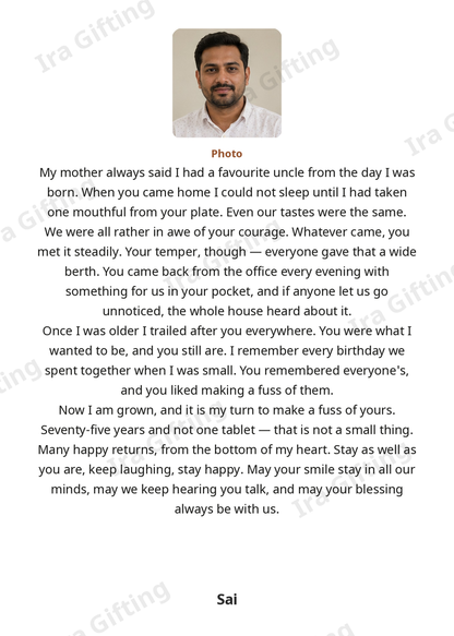 Niece to Uncle letter frame in English, shown with an example photo and name