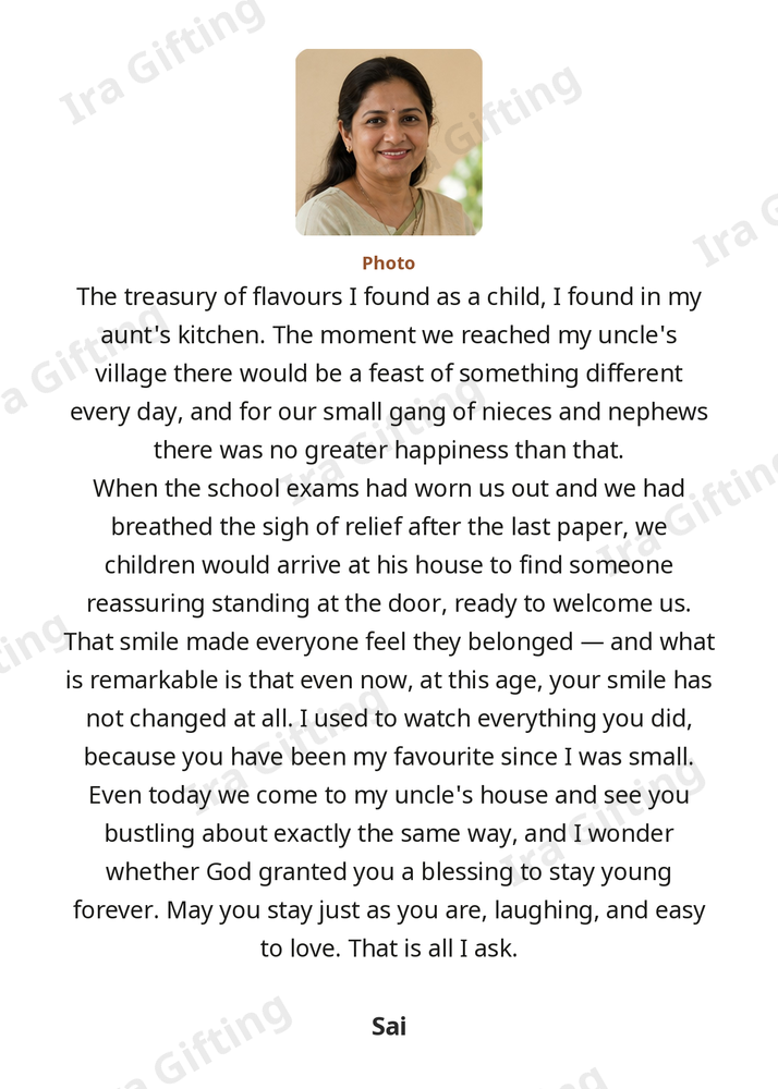 Niece to Aunt letter frame in English, shown with an example photo and name