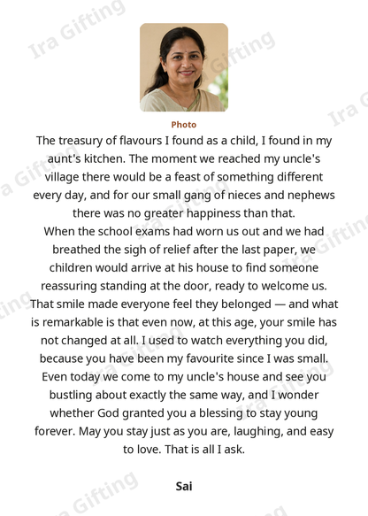 Niece to Aunt letter frame in English, shown with an example photo and name