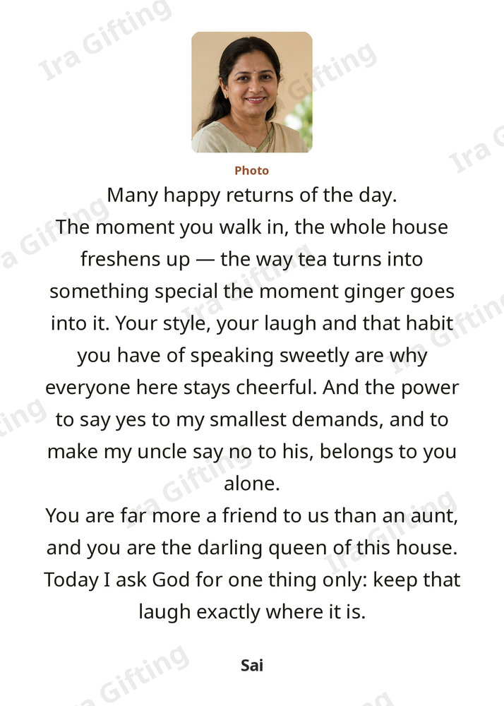 Niece to Aunt letter frame in English, shown with an example photo and name