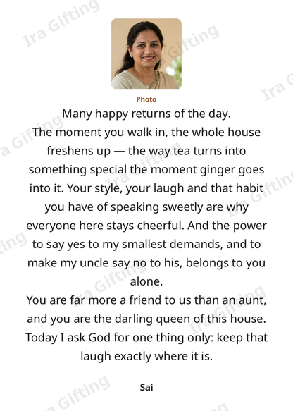 Niece to Aunt letter frame in English, shown with an example photo and name