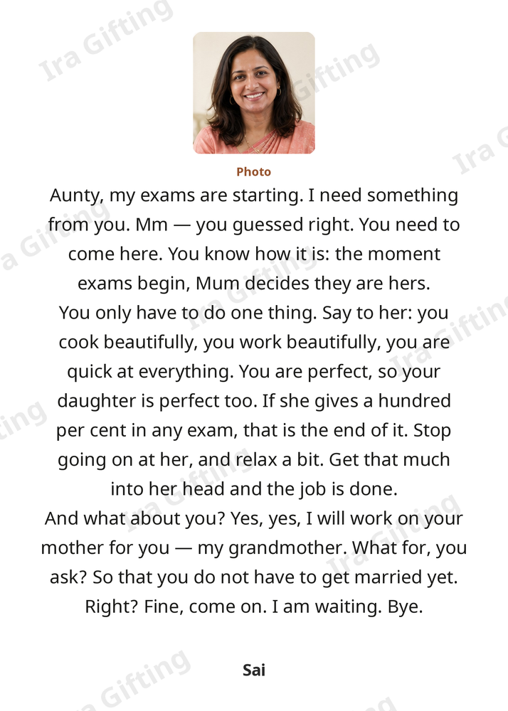 Niece to Aunt letter frame in English, shown with an example photo and name