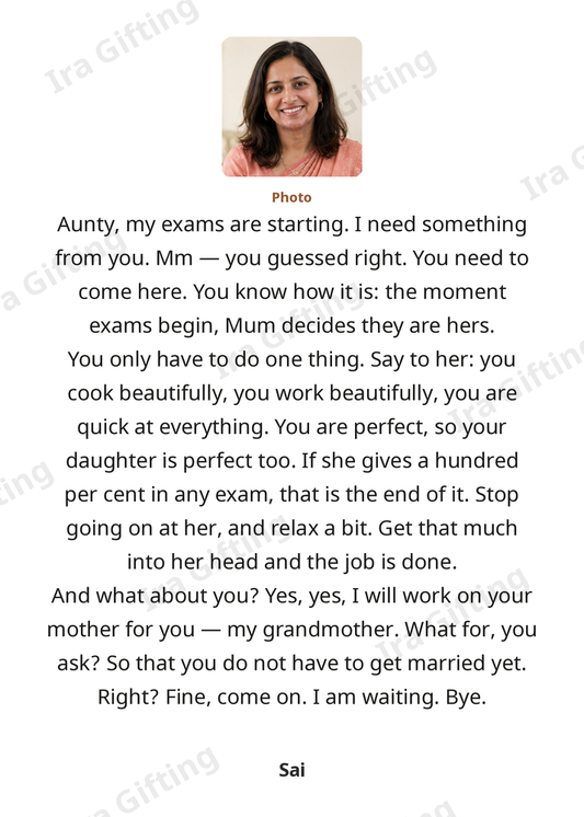 Niece to Aunt letter frame in English, shown with an example photo and name