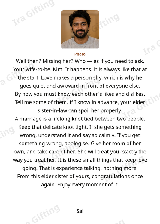 Sister-in-law to Brother-in-law letter frame in English, shown with an example photo and name