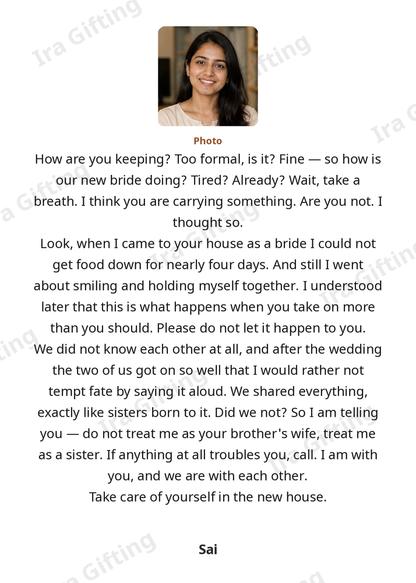 Sister-in-law to Sister-in-law letter frame in English, shown with an example photo and name