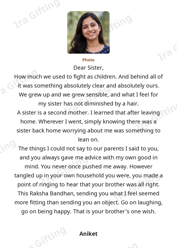 Brother to Sister Raksha Bandhan letter frame in English, shown with an example photo and name