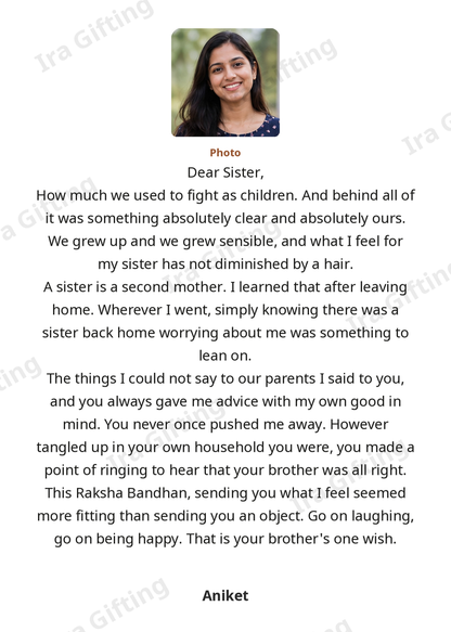 Brother to Sister Raksha Bandhan letter frame in English, shown with an example photo and name