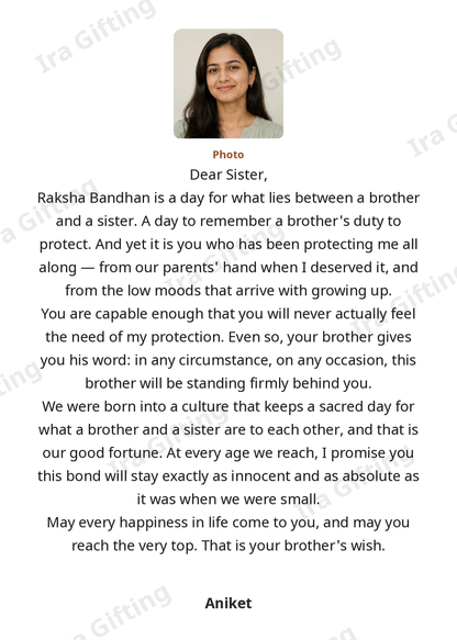 Brother to Sister Raksha Bandhan letter frame in English, shown with an example photo and name