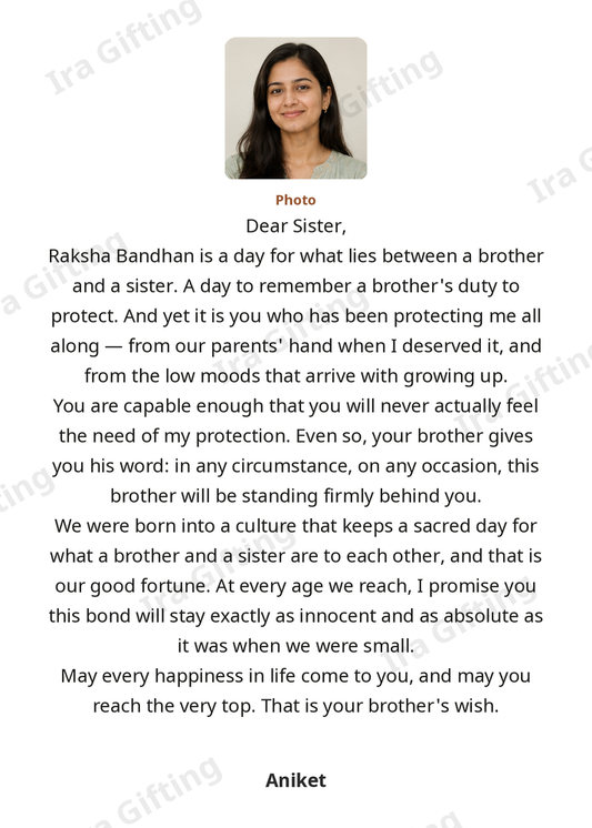 Brother to Sister Raksha Bandhan letter frame in English, shown with an example photo and name