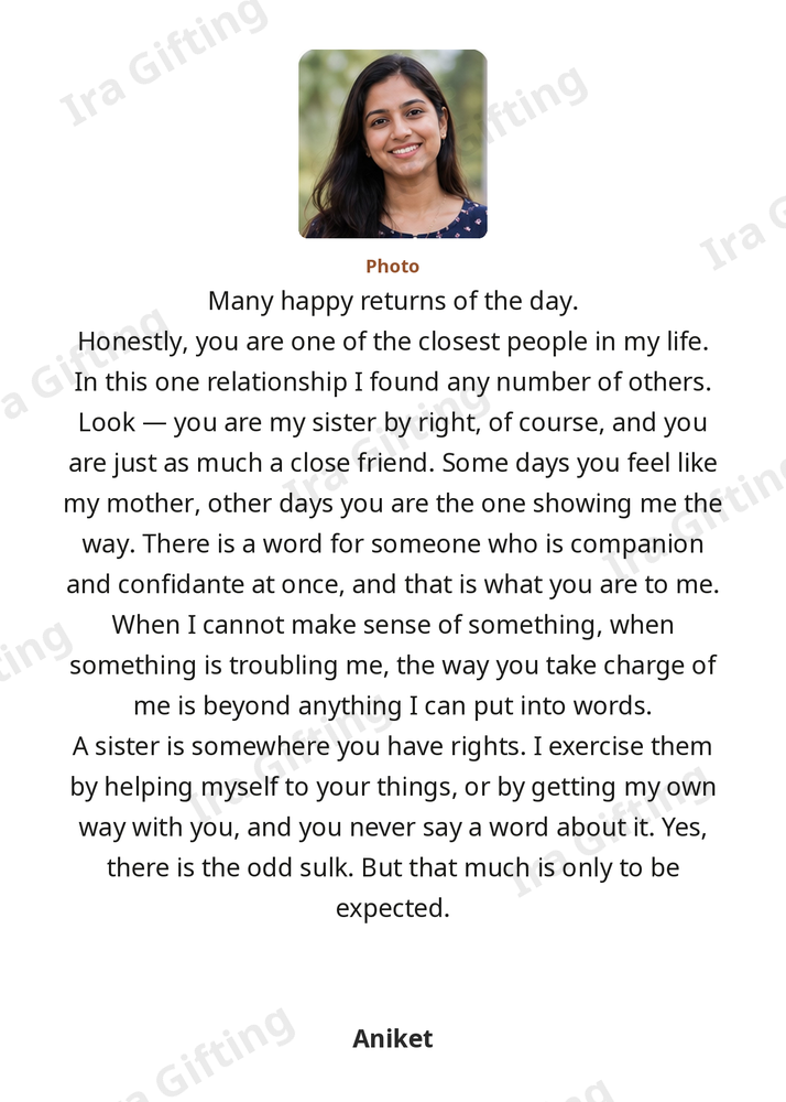 Brother to Sister letter frame in English, shown with an example photo and name