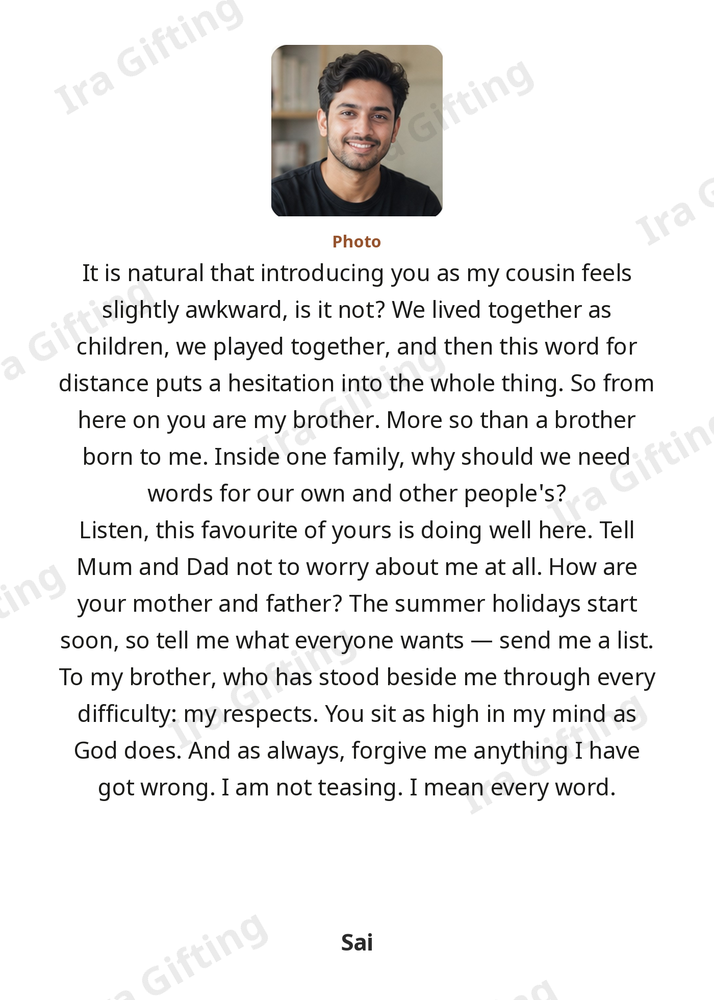 Cousin to Cousin letter frame in English, shown with an example photo and name
