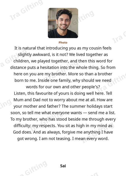 Cousin to Cousin letter frame in English, shown with an example photo and name