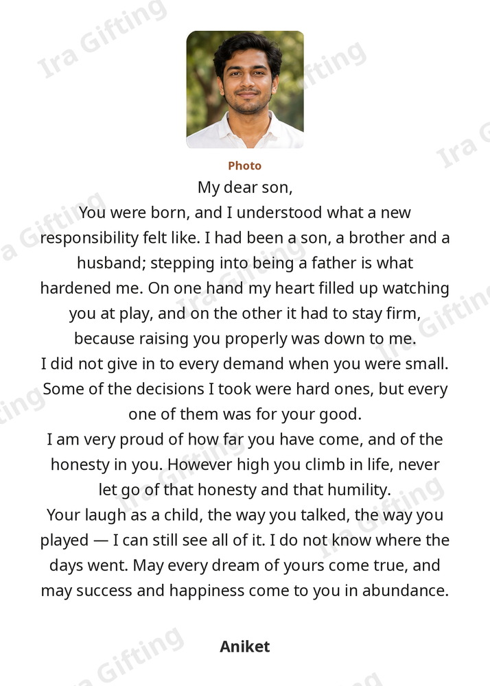Dad to Son letter frame in English, shown with an example photo and name