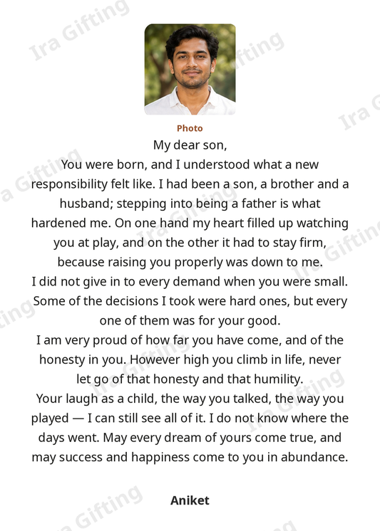Dad to Son letter frame in English, shown with an example photo and name