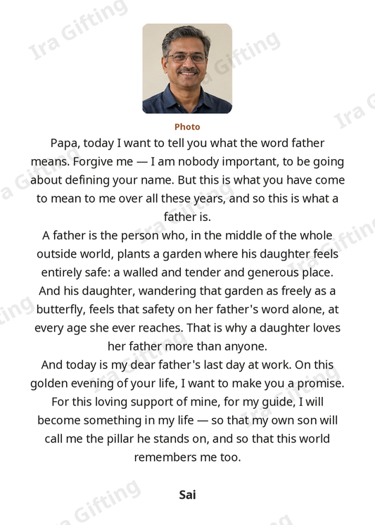 Daughter to Dad letter frame in English, shown with an example photo and name