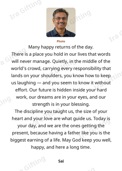 Daughter to Dad letter frame in English, shown with an example photo and name