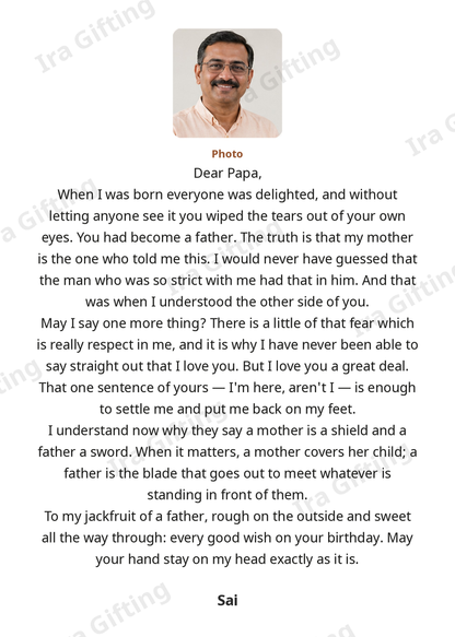 Daughter to Dad letter frame in English, shown with an example photo and name