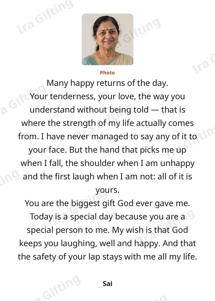 Daughter to Mom letter frame in English, shown with an example photo and name