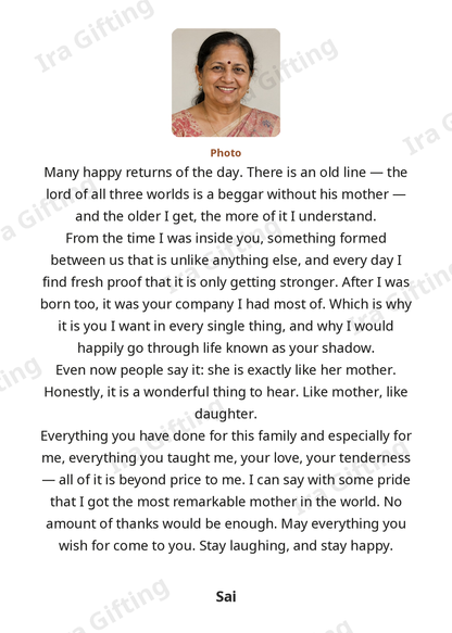 Daughter to Mom letter frame in English, shown with an example photo and name