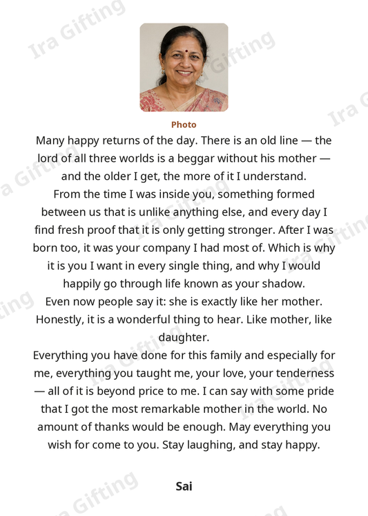 Daughter to Mom letter frame in English, shown with an example photo and name