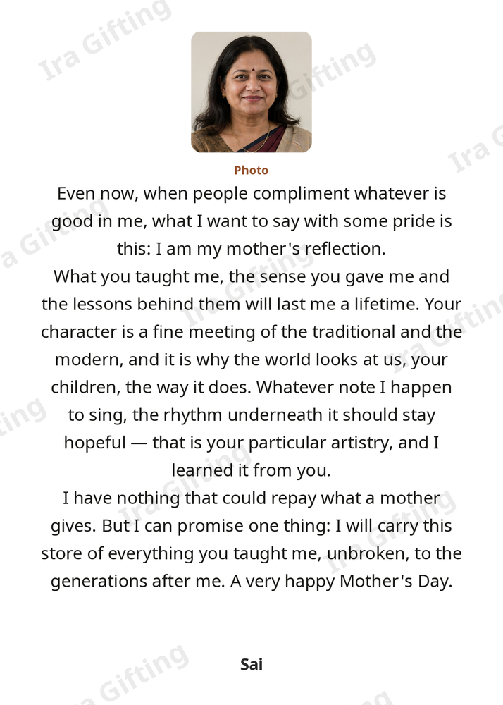 Daughter to Mom letter frame in English, shown with an example photo and name