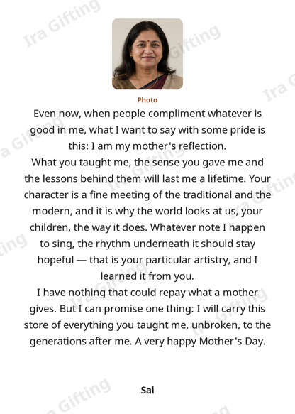 Daughter to Mom letter frame in English, shown with an example photo and name