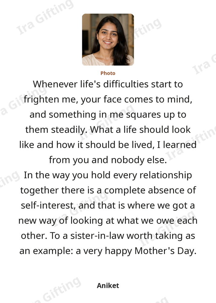 Brother-in-law to Sister-in-law letter frame in English, shown with an example photo and name