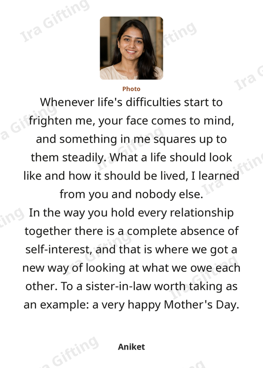 Brother-in-law to Sister-in-law letter frame in English, shown with an example photo and name