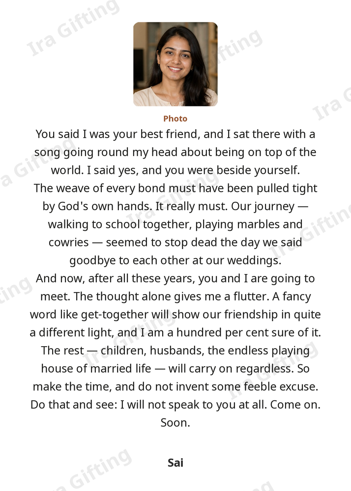 Friend to Friend letter frame in English, shown with an example photo and name