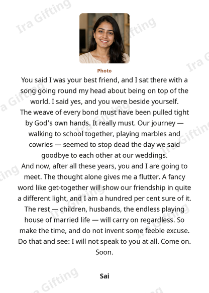 Friend to Friend letter frame in English, shown with an example photo and name