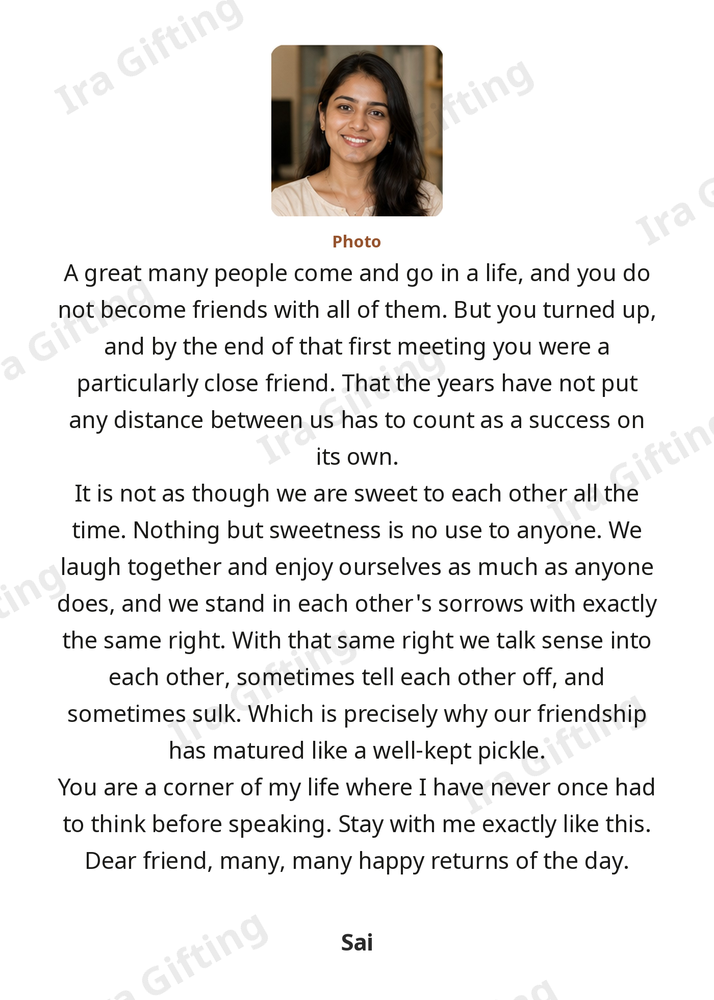Friend to Friend letter frame in English, shown with an example photo and name