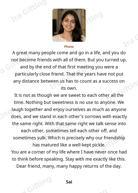 Friend to Friend letter frame in English, shown with an example photo and name