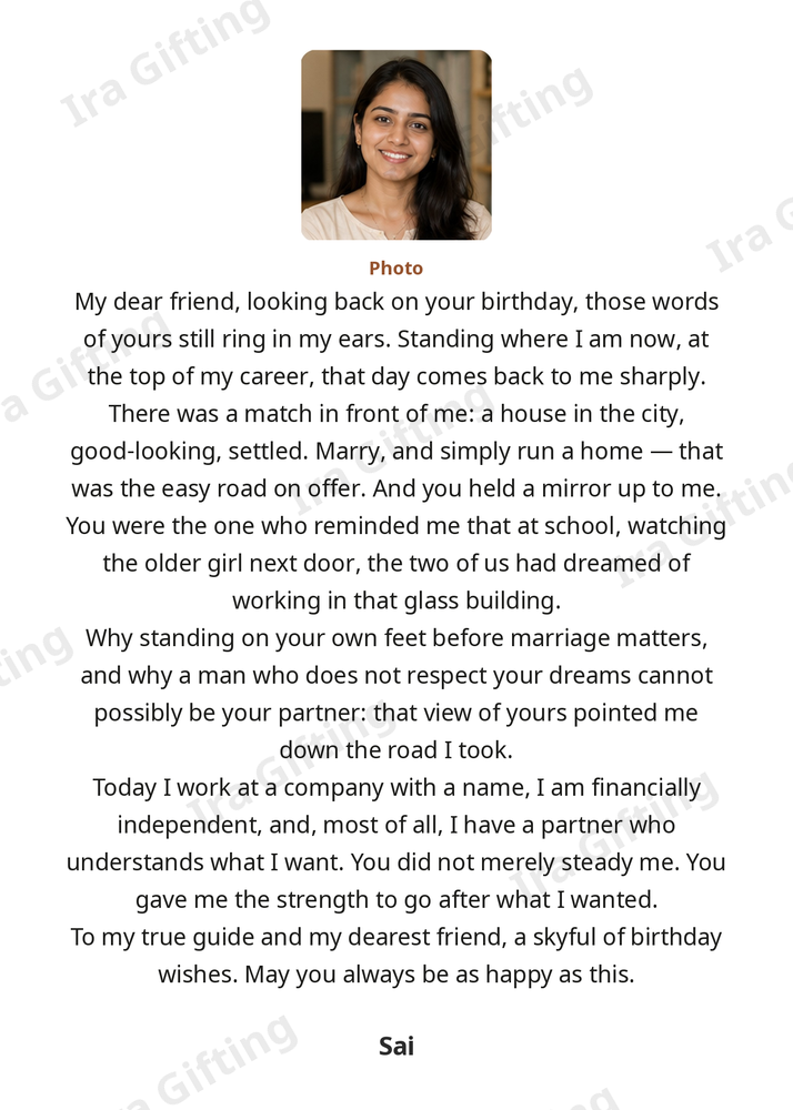 Friend to Friend letter frame in English, shown with an example photo and name