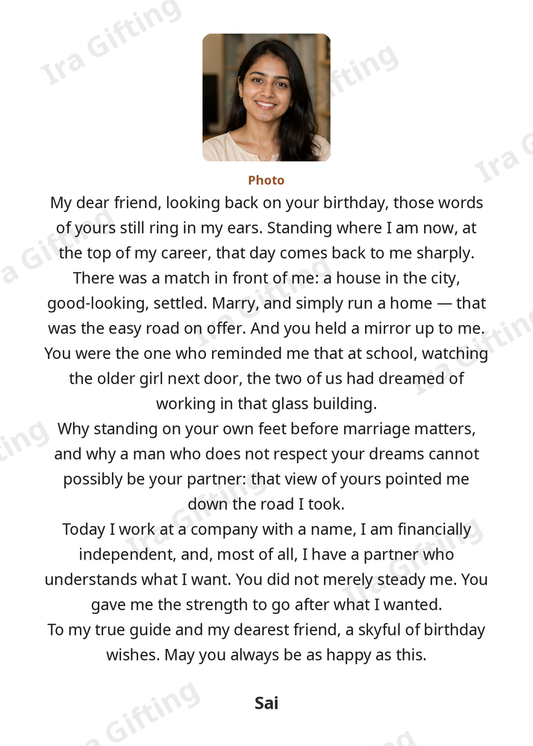 Friend to Friend letter frame in English, shown with an example photo and name