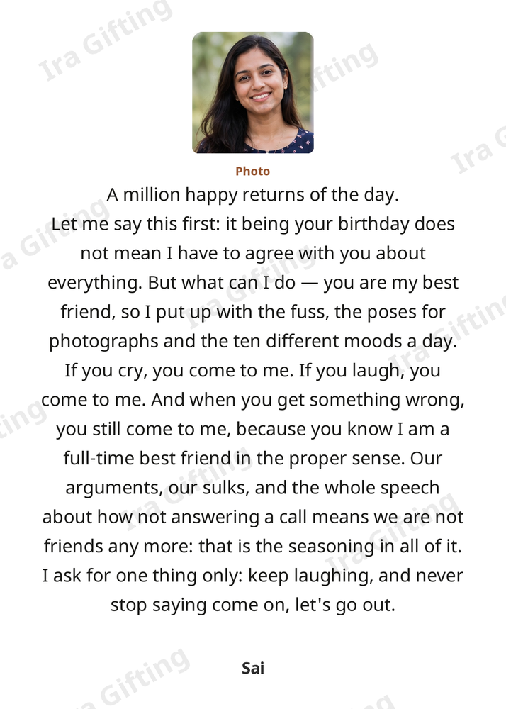 Friend to Friend letter frame in English, shown with an example photo and name
