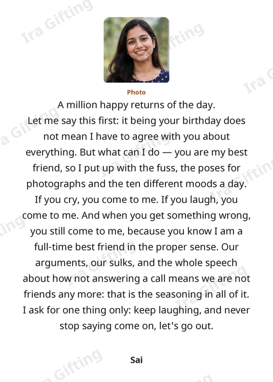 Friend to Friend letter frame in English, shown with an example photo and name
