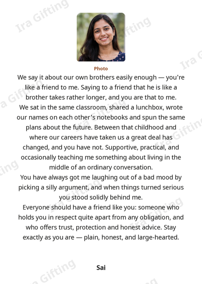 Friend to Friend letter frame in English, shown with an example photo and name