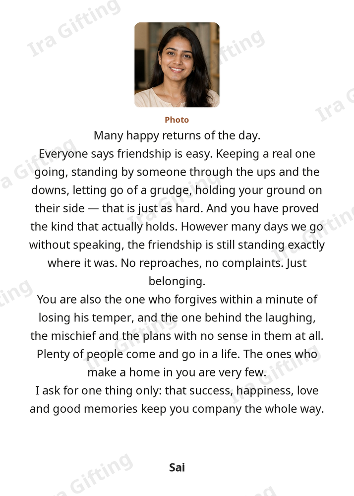 Friend to Friend letter frame in English, shown with an example photo and name