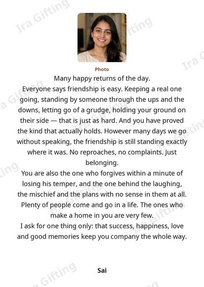 Friend to Friend letter frame in English, shown with an example photo and name