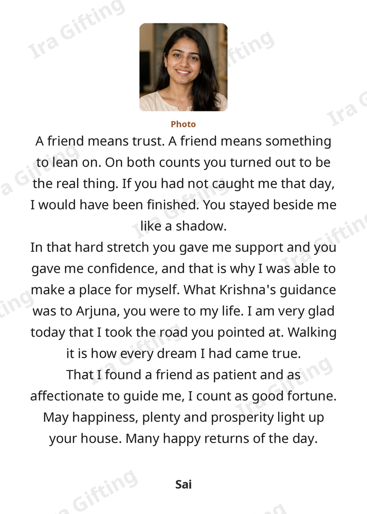 Friend to Friend letter frame in English, shown with an example photo and name