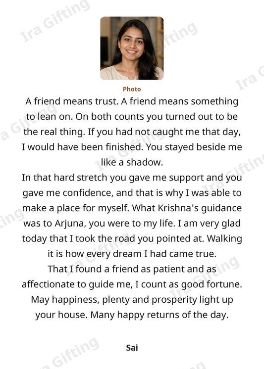 Friend to Friend letter frame in English, shown with an example photo and name