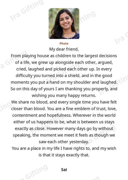 Friend to Friend letter frame in English, shown with an example photo and name