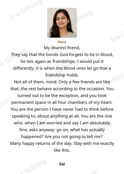 Friend to Friend letter frame in English, shown with an example photo and name