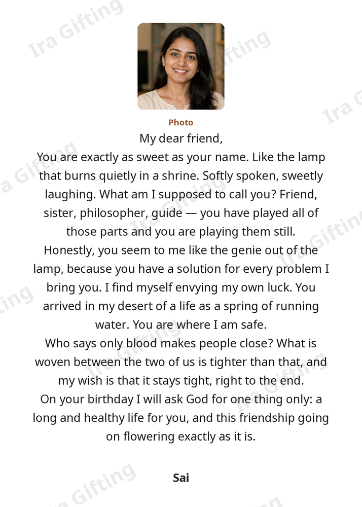 Friend to Friend letter frame in English, shown with an example photo and name