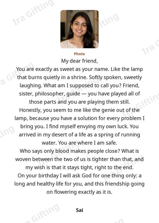 Friend to Friend letter frame in English, shown with an example photo and name