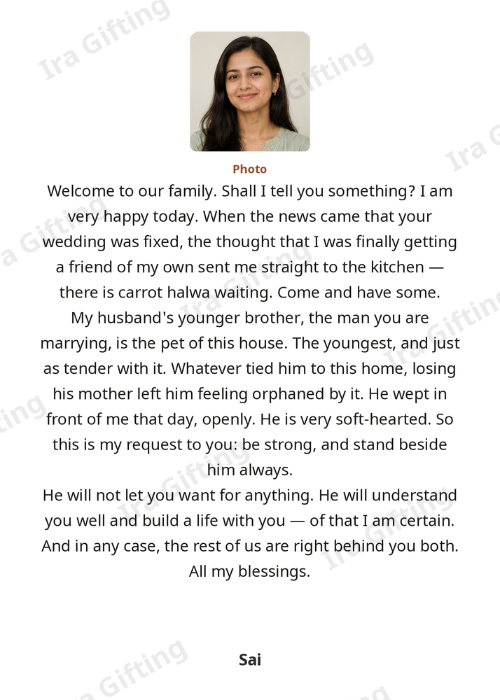 Sister-in-law to Sister-in-law letter frame in English, shown with an example photo and name