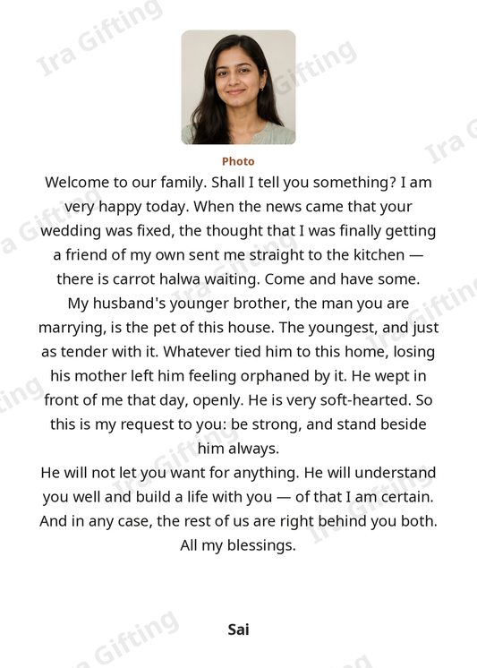 Sister-in-law to Sister-in-law letter frame in English, shown with an example photo and name