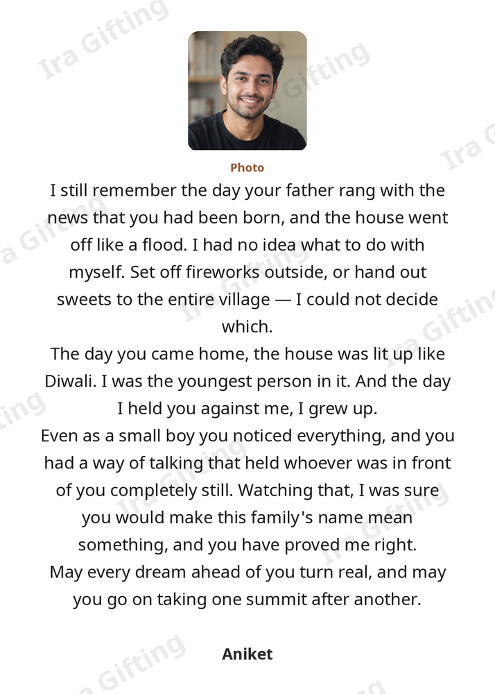 Uncle to Nephew letter frame in English, shown with an example photo and name